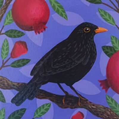Acrylic painting of a blackbird in a pomegranate tree by Sombras Blancas