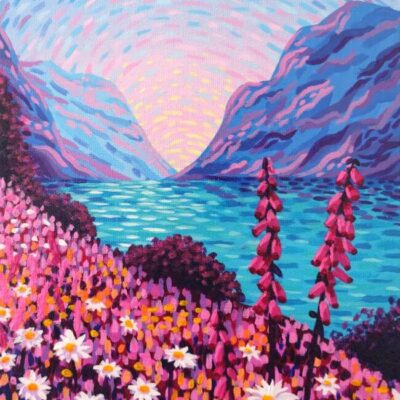 Acrylic painting of a mountain lake landscape with some daisy flowers by Sombras Blancas