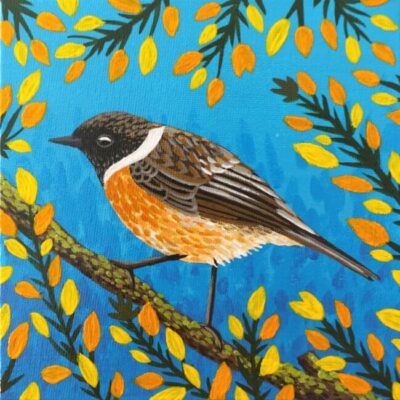 Acrylic painting of a European stonechat in a gorse bush by Sombras Blancas