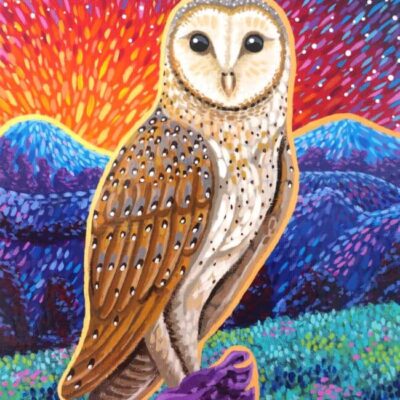 Acrylic painting of a barn owl on a rainbow landscape by Sombras Blancas