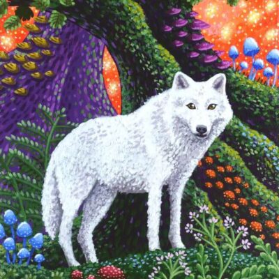 Acrylic painting of a white wolf in a magical forest surrounded by mushrooms by Sombras Blancas