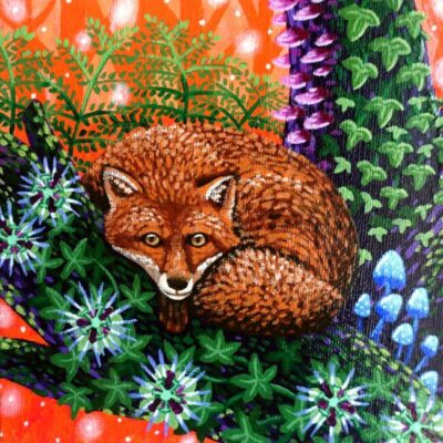 Acrylic painting of a fox in a magical forest surrounded by passion flowers and vines by Sombras Blancas