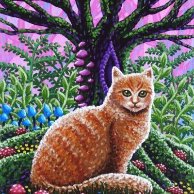 Acrylic painting of an orange tabby cat in a magical forest surrounded by a fly agaric fairy ring by Sombras Blancas.