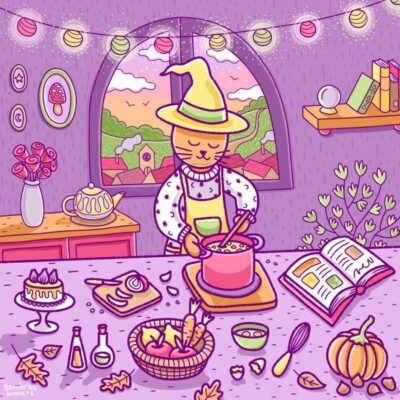 Digital illustration featuring a witch cat cooking veggie soup in their cozy kitchen by Sombras Blancas