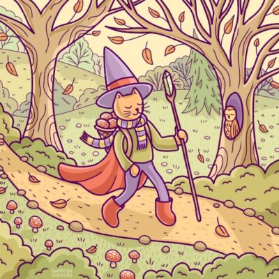 Digital illustration featuring a wizard cat walking in an autumn forest by Sombras Blancas