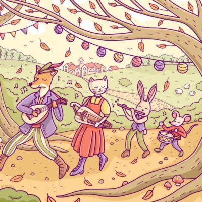 Digital illustration featuring a group of animal musicians walking in an autumn forest by Sombras Blancas
