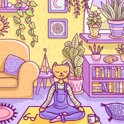 Digital illustration featuring a cat meditating in their cozy living room surrounded by plants and books by Sombras Blancas