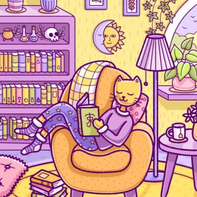 Digital illustration featuring a cat reading in their cozy living room surrounded by books by Sombras Blancas