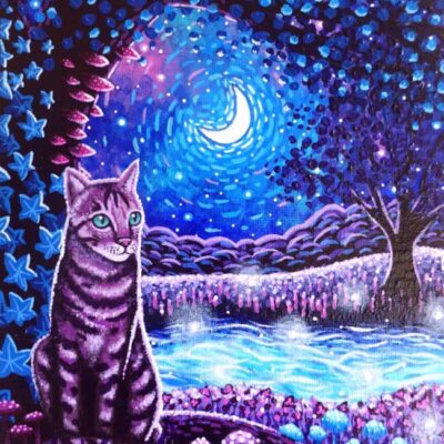 Acrylic painting of a purple tabby cat under the crescent moon by a magical river by Sombras Blancas