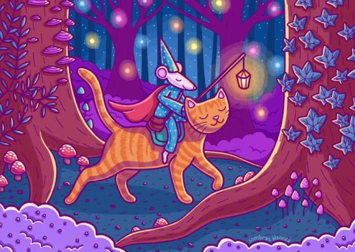 Digital illustration featuring a wizard mouse riding an orange tabby cat through a magical forest at night by Sombras Blancas