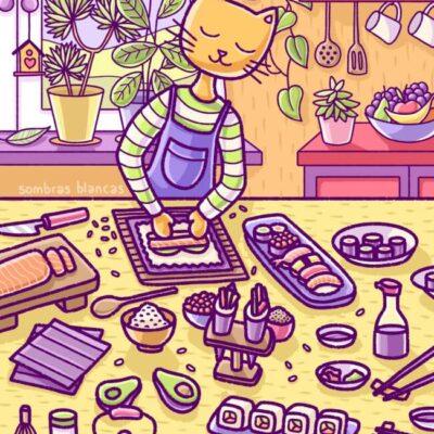 Digital illustration featuring an orange cat making sushi in their cozy kitchen by Sombras Blancas